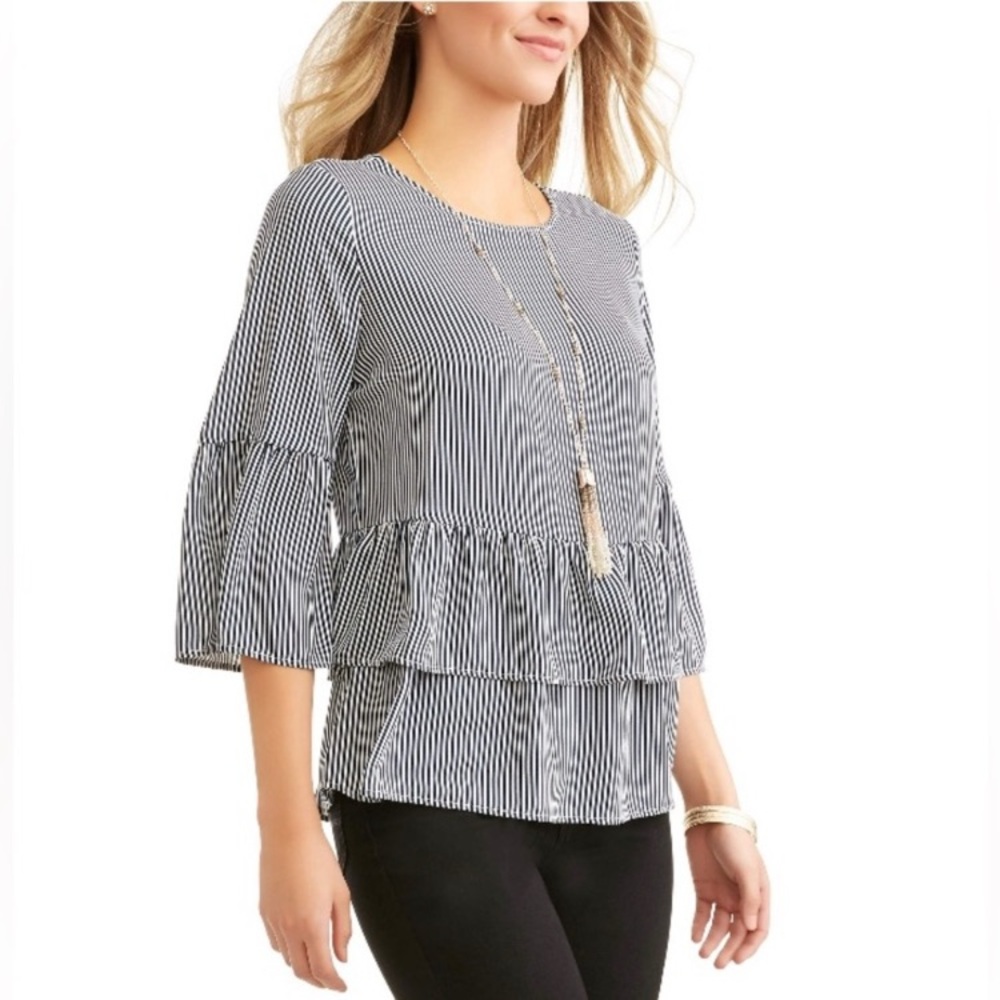 Women’s Navy Blue and White Striped Ruffle Sleeve Top, 3/4 sleeves, size medium